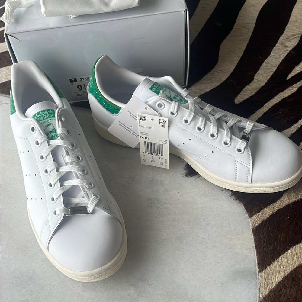 100% AUTH Adidas Stan Smith x Swarovski Crystals Cloud White/Green Men 9.5